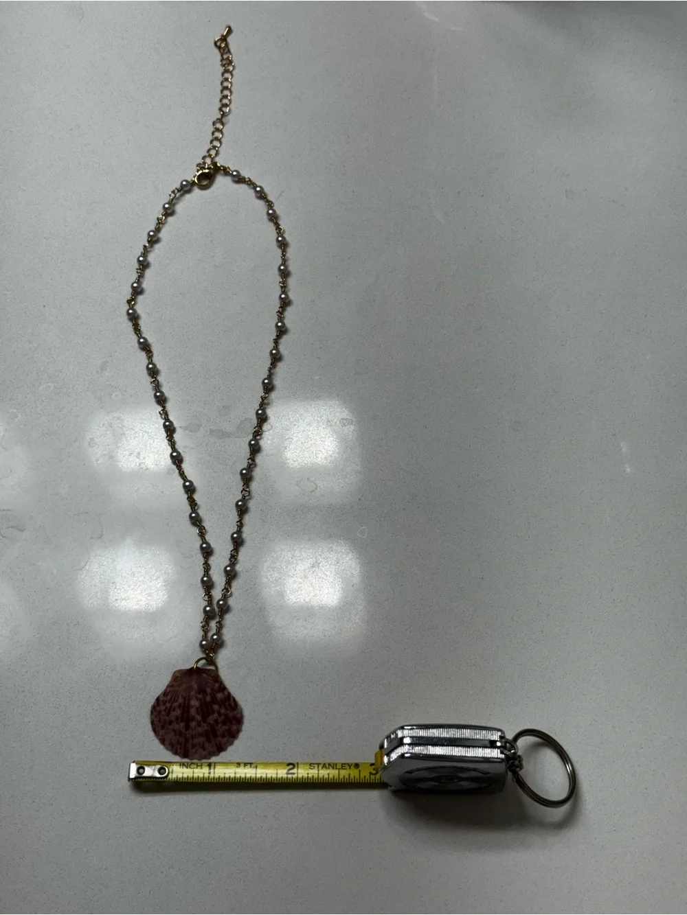 Gold Pearl Chain Necklace with Pink Shell Pendant - Picture 9 of 12